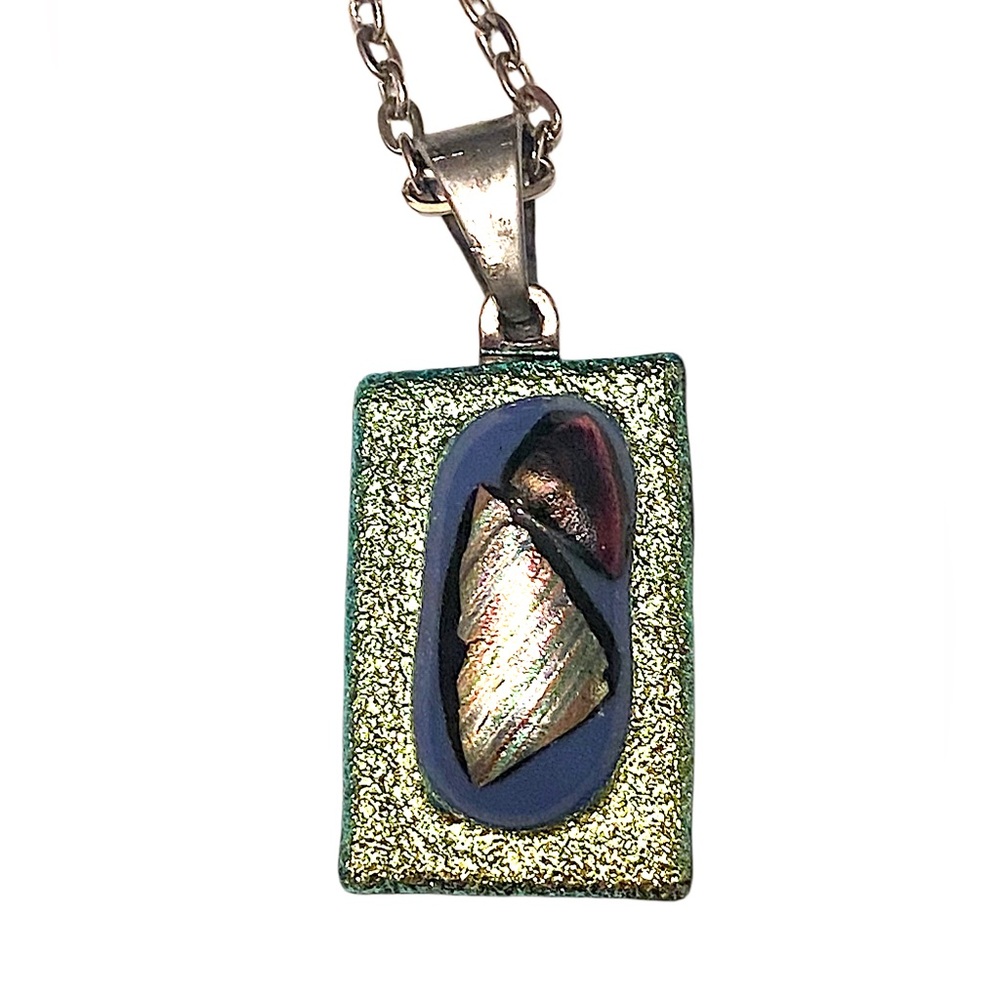 Artisan Green and Gold Rectangular Pendant Necklace